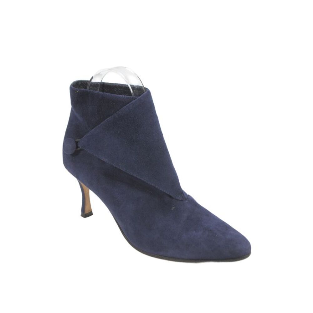 Manolo Blahnik Womens Suede Fold Over Button Ankle Boots Navy Blue Size 36.5 6.5